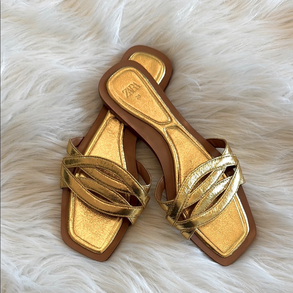 Zara Women's Metallic Gold Flat Slip On Sandals Size 38